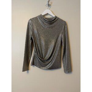 Clara Sun Woo Silver Glitter Metallic Long Sleeve Side Gathered Top Women's XS N